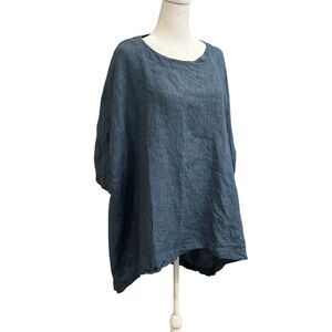 Eskandar Womens Blue 100 % Linen Tunic Blouse Short Sleeve Size One Lagenlook